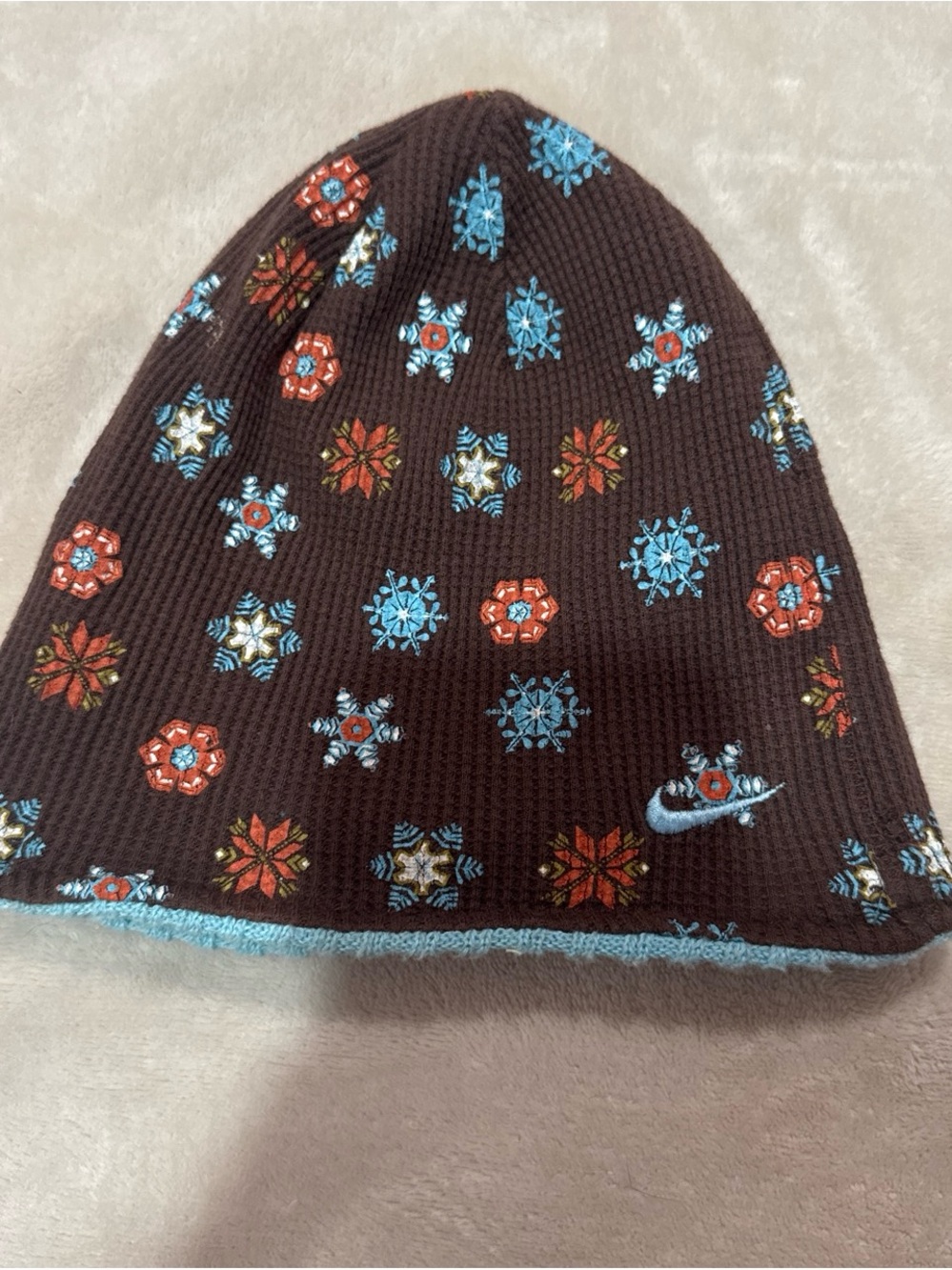 Vintage Nike Kids Brown Snowflake Beanie - Blue & Red Accents
